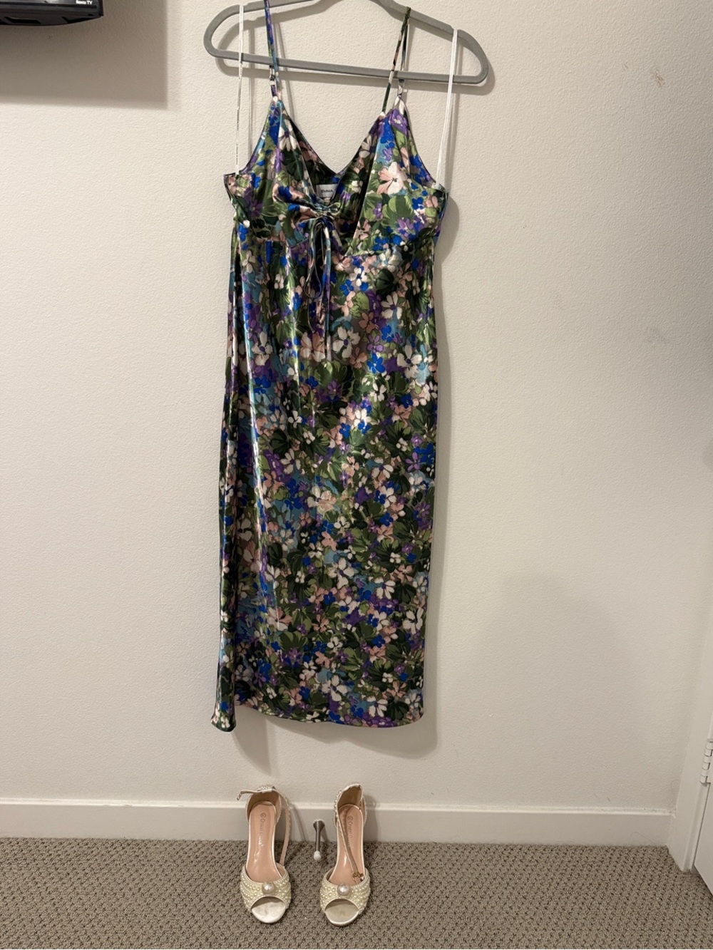 Emma & Michele Floral Satin Slip Midi Dress in Green, Blue & White